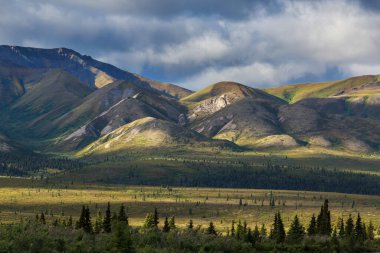 Yazın Alaska 'nın Picturesque Dağları. Kar, kütleleri, buzulları ve kayalık tepeleri kapladı. Güzel doğal arkaplan.