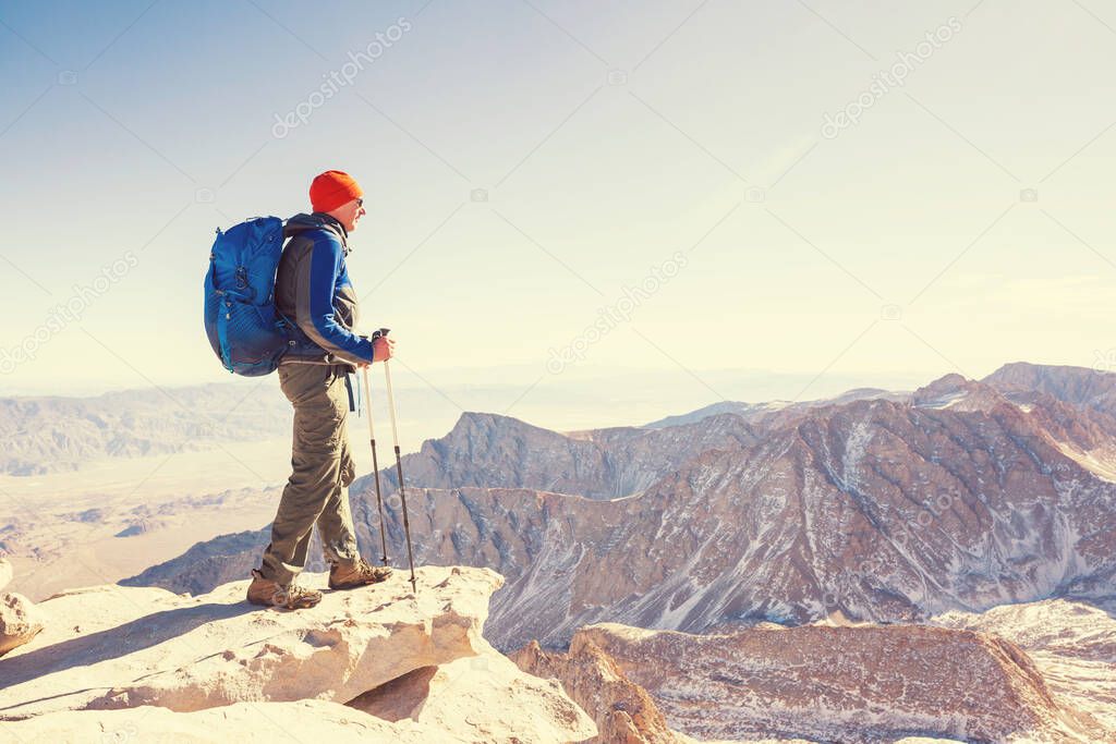 Climber on Mt. Whitney. Beautiful landscapes in Eastern Sierra, California, USA, Beautiful natural background