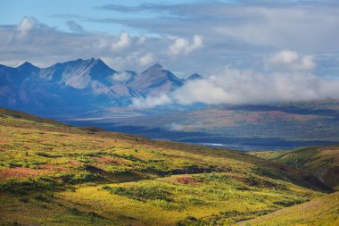 Picturesque Mountains of Alaska in autumn. Snow covered massifs, glaciers and rocky peaks, orange trees. Beautiful natural background.