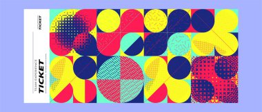 Bilet şablonu soyut geometrik arkaplan ve renkli elementlerle. vektör illüstrasyonu