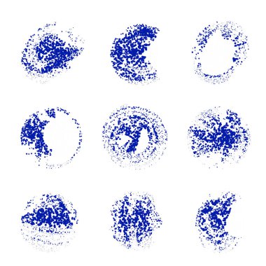 grunge mavi fırça darbeleri, noktalar, boya, lekeler, vektör seti