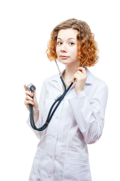 Cute redhead doctor in lab coat with stethoscope — Stock Photo, Image