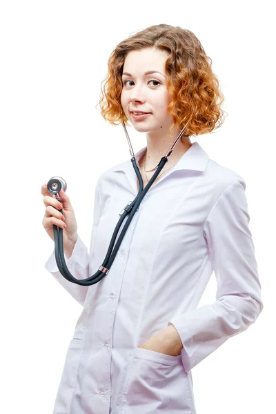 Cute redhead doctor in lab coat with stethoscope — Stock Photo, Image