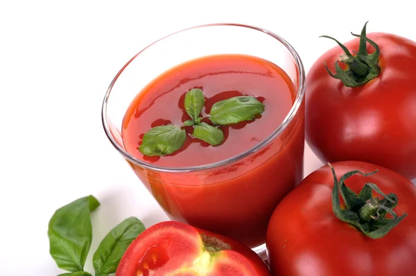 Glass of tomato juice and fruits — Stock Photo, Image