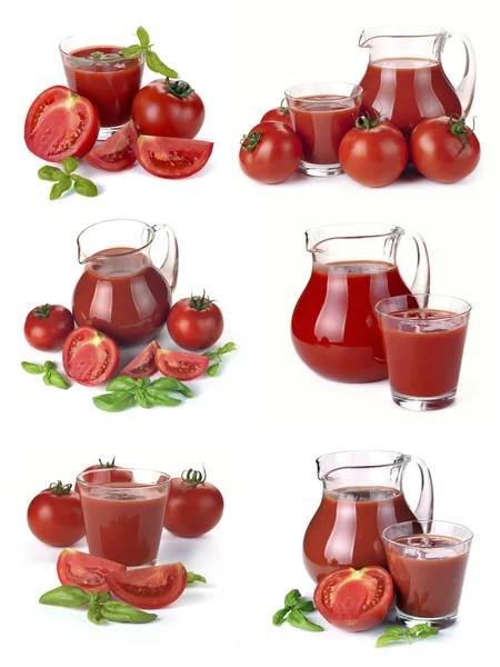 Nastavit džbán, sklenka rajčatové šťávy a ovoce — Stock fotografie