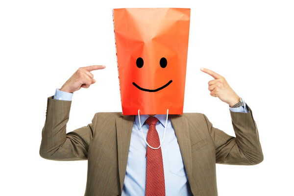 Happy man with a box on a head