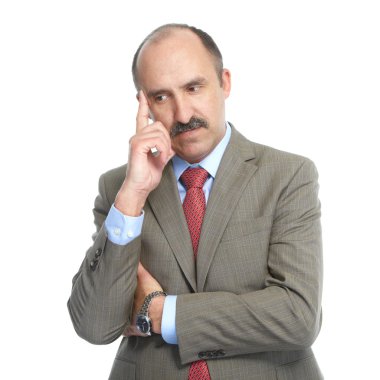 beyaz zemin üzerinde bir iş adamı. düşünceler