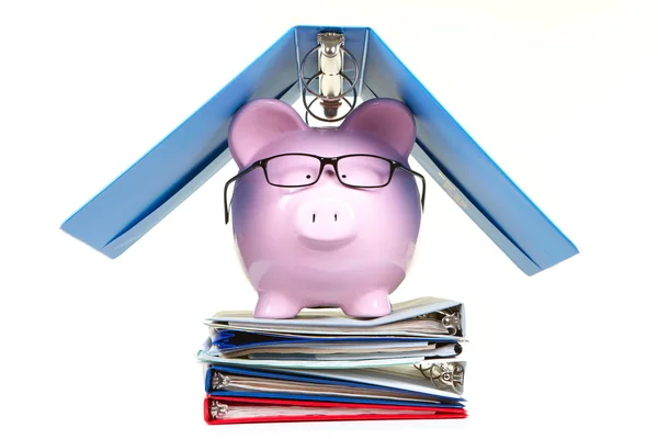 Roze piggy bank en documenten — Stockfoto