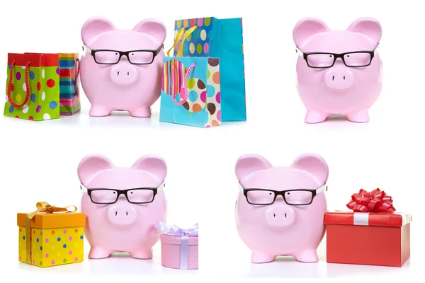 Cerdo rosa y bolsas multicolores — Foto de Stock