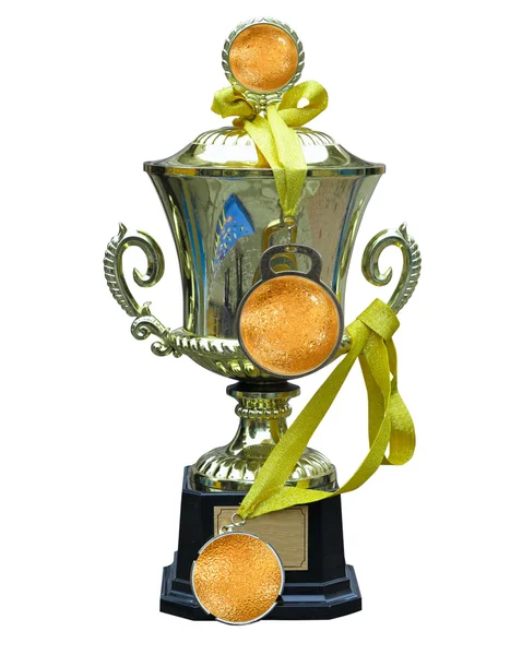 Golden trophy cup with medal and ribbon isolated