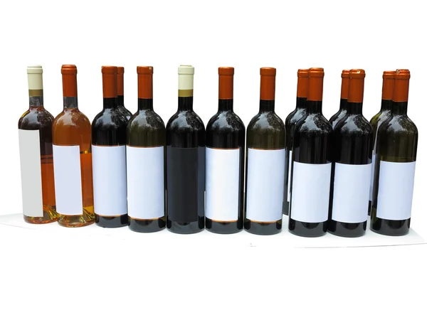 Набір пляшок вина без маркування ізольовані над білим — стокове фото