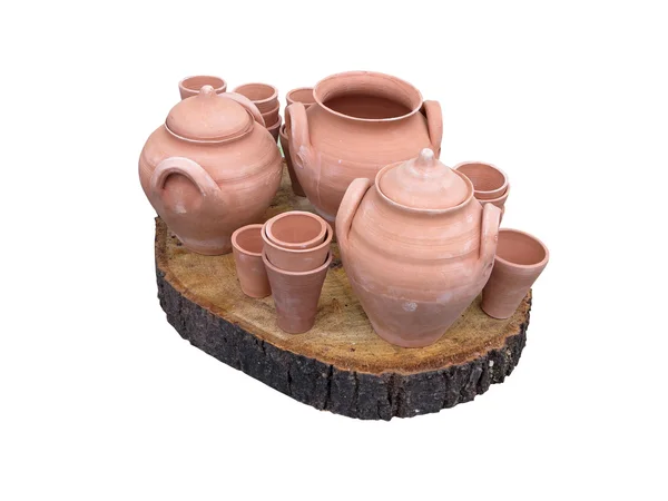 Clay potten op houten steun geïsoleerd over Wit — Stockfoto