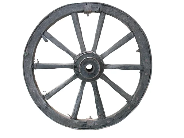 Roda de carrinho antigo feita de madeira e ferro-forrado, isolado — Fotografia de Stock