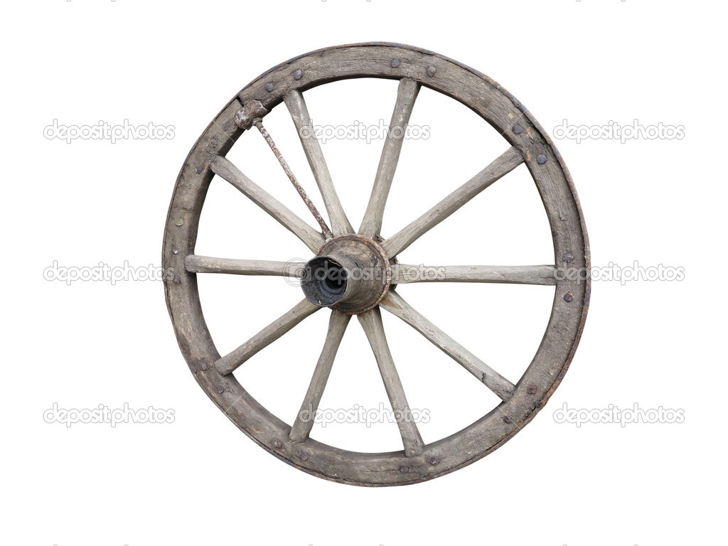 Antique Cart Wheel made of wood and iron-lined, isolated