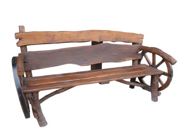 ahşap el yapımı Bahçe Bank ile at arabası tekerlek dekorasyon izole