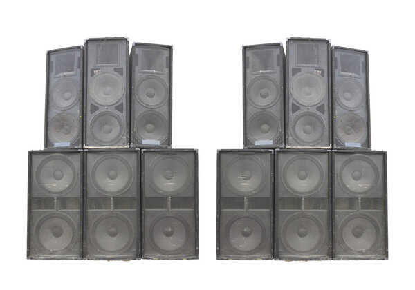 Old powerful stage concerto industrial audio speakers isolated on white background
