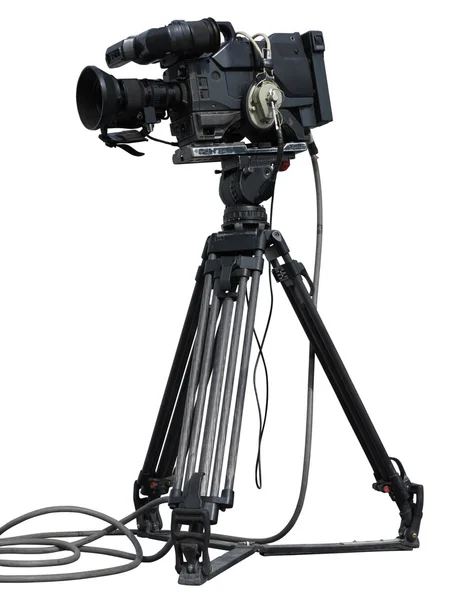 Профессиональная видеокамера, установленная на штатив, изолированный поверх белого — стоковое фото