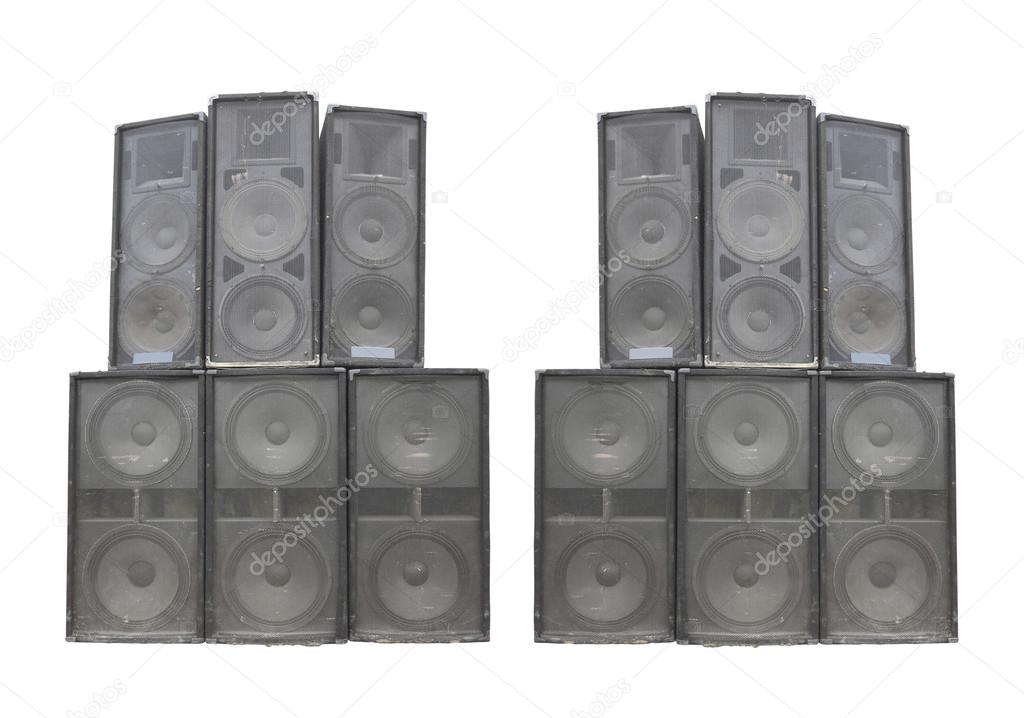Old powerful stage concerto audio speakers isolated on white