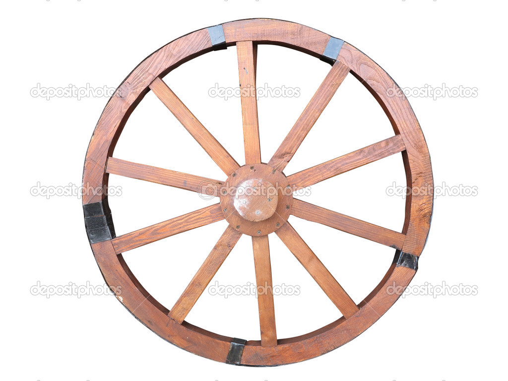 Antique Cart Wheel made of wood and iron-lined isolated