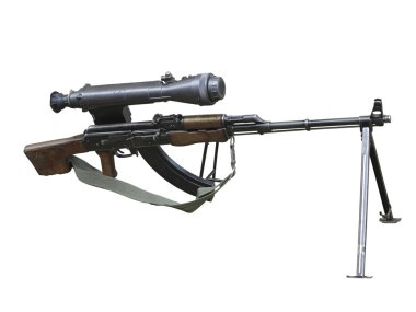 Kalaşnikof ak tüfek optik görüş üzerinde beyaz izole