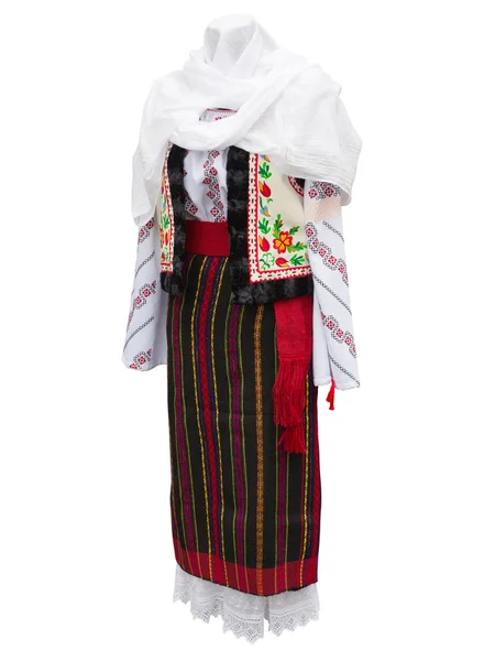 Gyönyörű balkáni nemzeti ruha ruhák elszigetelt, felett fehér — Stock Fotó