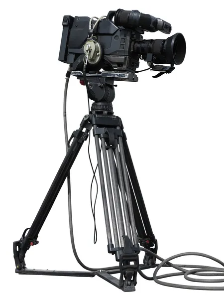Professional video camera set on a tripod isolated over white — Stock Photo, Image