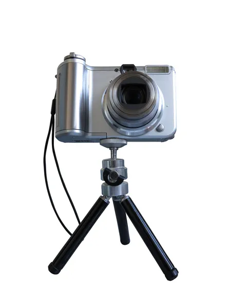 Šedá digitální fotoaparát na stativu izolovaných na bílém — Stock fotografie