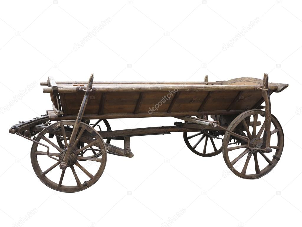 Vintage old rough wooden cart isolated on white