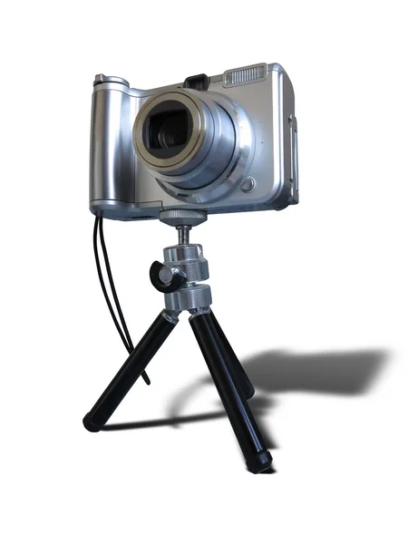 Gray digital photo camera on tripod isolated over white — Stock Photo, Image