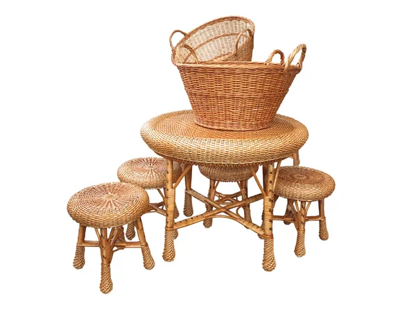 Wicker furniture - table, chair and baskets isolated over white — Stock Photo, Image