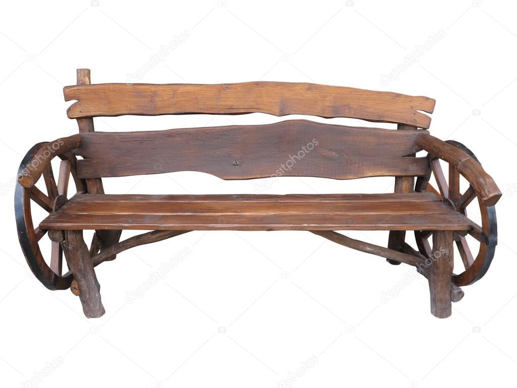 Wooden handmade garden bench with cart wheel decoration isolated