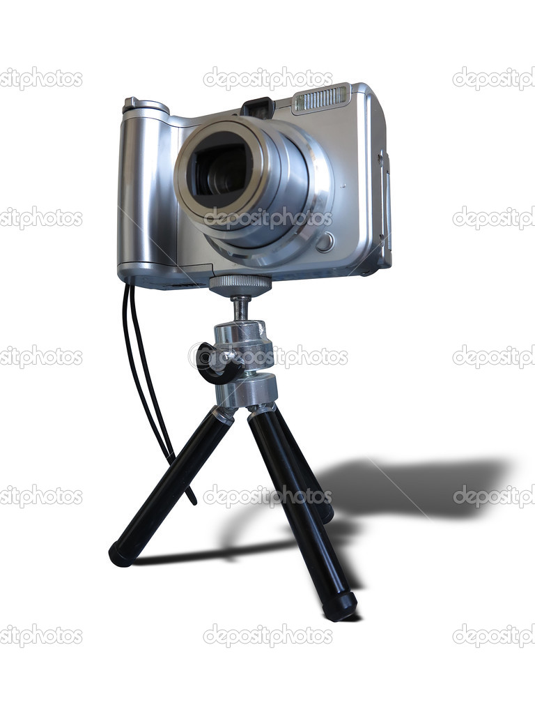 Gray digital photo camera on tripod isolated over white Stock Photo by  ©arogant 40289673