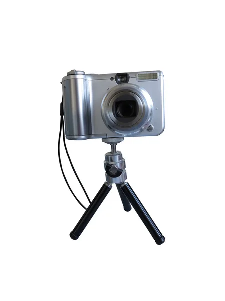 Grijze digitale fotocamera op statief geïsoleerd over Wit — Stockfoto