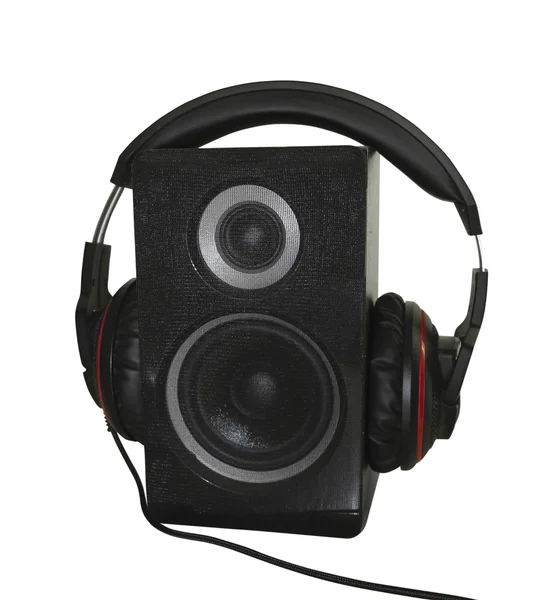Audio głośniki i słuchawki na białym tle nad białym — Zdjęcie stockowe