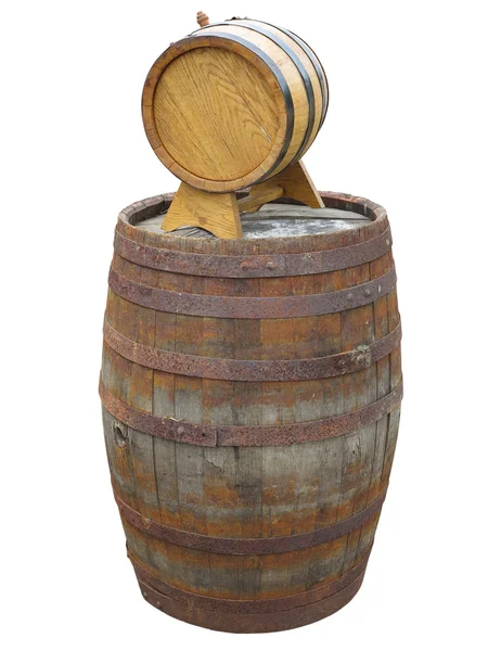 Velho e novo barril de madeira clássico isolado sobre branco — Fotografia de Stock
