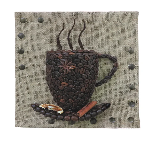 Abstrakte Kaffeebohnen Becher Konzept über Leinwand Hintergrund — Stockfoto