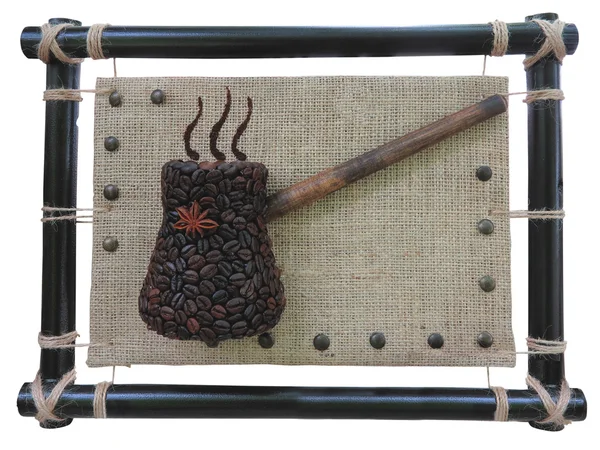 抽象的咖啡豆锅在麻布画布背景的概念 — 图库照片
