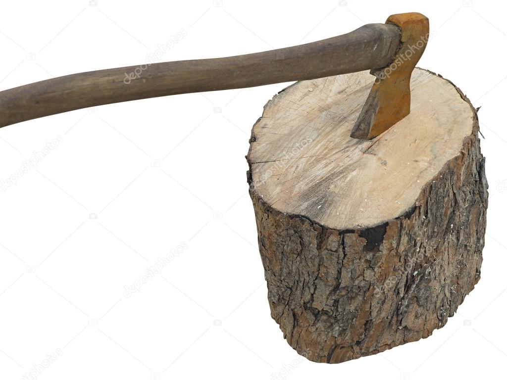 Fire wood log and old rusty axe isolated over white