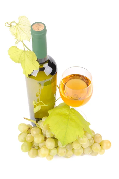 Isolated wine bottle with glass and green grapes — Stock Photo, Image