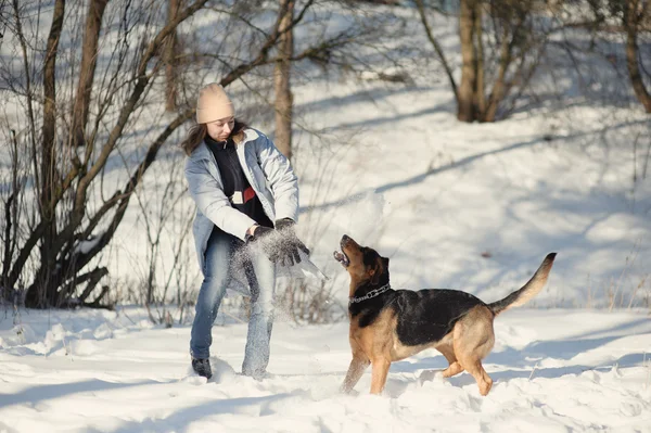 Meisje met hond spelen in de sneeuw — Stockfoto