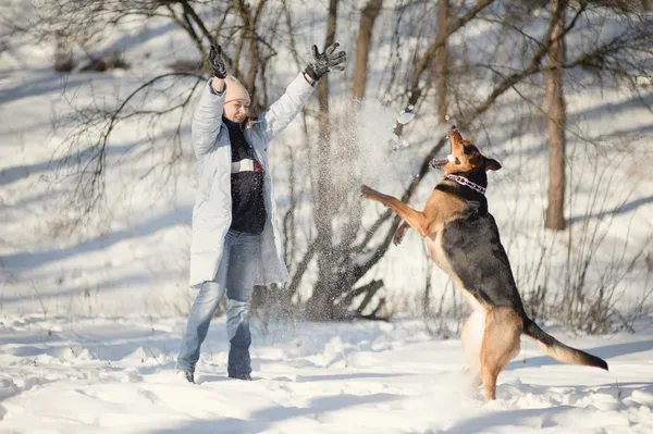 雪の上の犬と遊んでいるガール フレンド — ストック写真