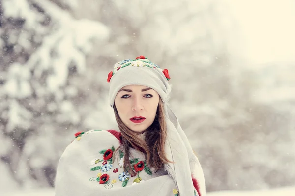 Una chica de belleza en el fondo de invierno de nieve — Foto de Stock
