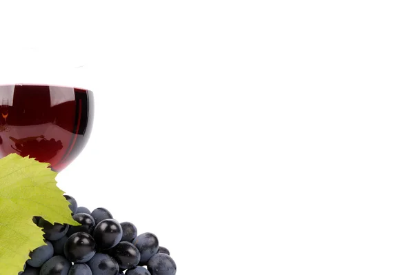 Blå druvor med löv och vin i glaset — Stockfoto
