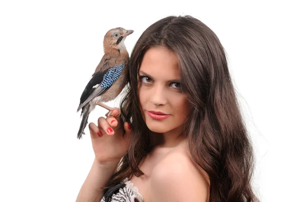 Retrato de chica hermosa con pájaro en la mano —  Fotos de Stock