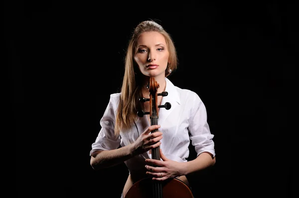 Attractive girl with cello isolated over black background — Stock Photo, Image