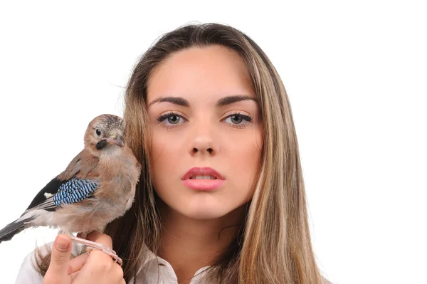 Retrato de chica hermosa con pájaro en la mano Fotos De Stock Sin Royalties Gratis