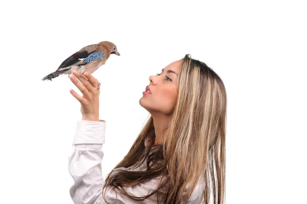 Portret piękna dziewczyna z ptaszkiem na rękę Zdjęcia Stockowe bez tantiem