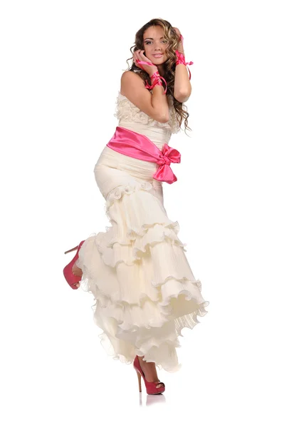 Jovem noiva vestida com elegância vestido de noiva branco — Fotografia de Stock