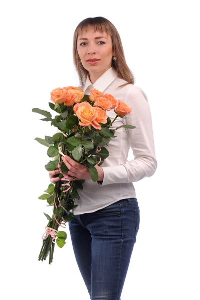 Menina sexy com buquê de rosas nas mãos isoladas sobre branco — Fotografia de Stock