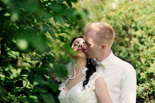 Braut und Bräutigam bei einem romantischen Moment auf ihrer Hochzeit — Stockfoto